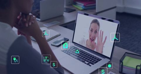 Virtual Meeting in Modern Office with Sustainability and Finance Icons
