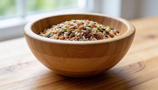 Multicolored multigrain rice piling in round wooden bowl on rustic tabletop