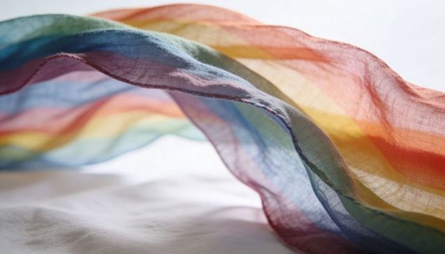 Sheer rainbow scarf flowing in translucent color waves over white backlit surface