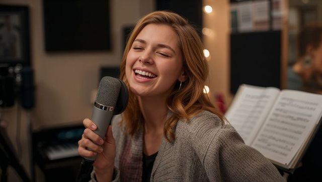 Woman Joyfully Singing in Cozy Music Studio Setting