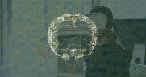 Businesswoman Exploring Virtual Data Interfaces with VR Headset