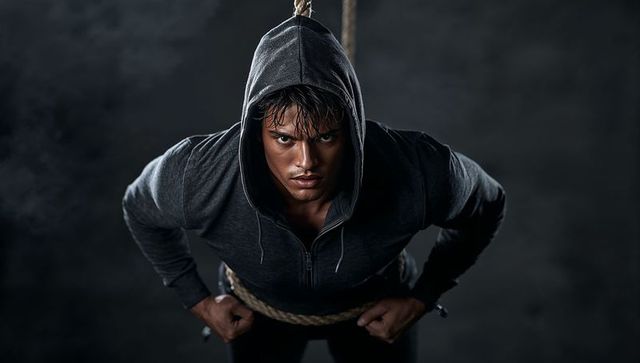 Determined athletic man training with resistance rope in gym