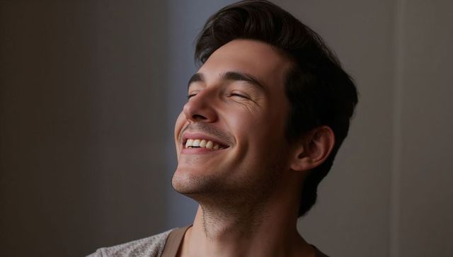 Smiling man tilting head back enjoying soft warm light and cozy knit sweater