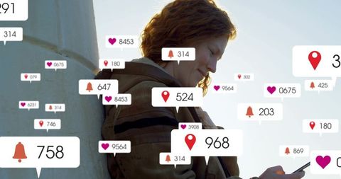 Woman checking smartphone surrounded by social media notifications and location alerts