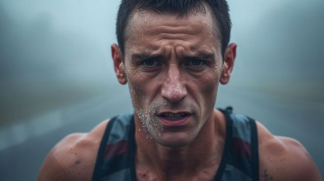 Determined endurance runner pushing limits on foggy road with sweat and salt-streaked face