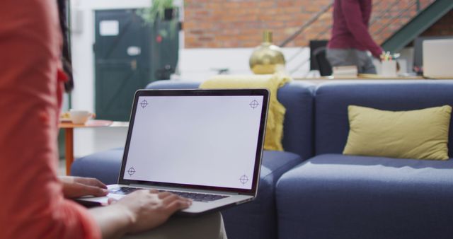 Person Using Laptop With Blank Screen In Modern Loft Apartment - Download Free Stock Images Pikwizard.com