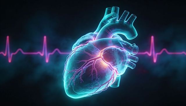 Neon glowing heart model showing coronary arteries and aorta with magenta ecg waveform