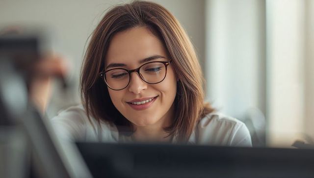 Young woman smiling while working on laptop at bright home office wearing glasses