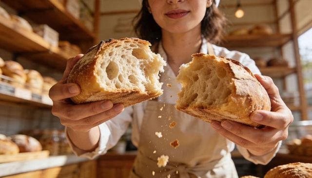 Baker breaking rustic sourdough loaf with crumbs falling in warm artisan bakery