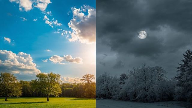 Split day-night landscape contrasting sunlit green meadow and frosty moonlit forest