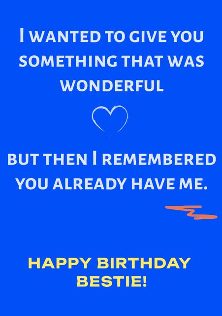This vibrant blue birthday card template is perfect for celebrating your best friend's special day with humor and affection. The playful message adds a touch of humor, making your best friend smile and feel appreciated. Ideal for social media posts, digital greetings, or print cards.