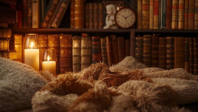 Cozy vintage reading nook in antique library setting with warm glow