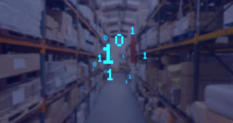 Digital Binary Code Overlay in Warehouse With Shelving