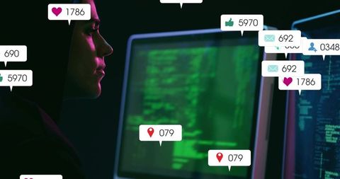 Hacker analyzing code with floating notification icons