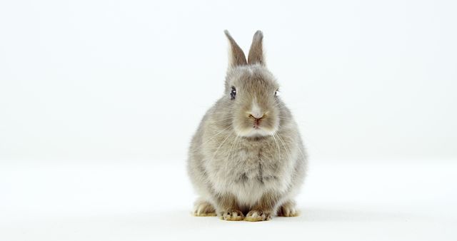 A gray rabbit sits attentively against a white background, with copy space. Its ears are perked up, and it appears curious or alert.