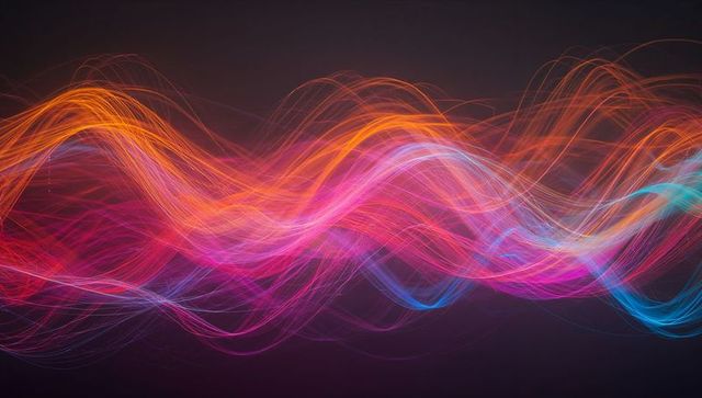 Flowing neon ribbons creating dynamic waveform of glowing colorful light strands