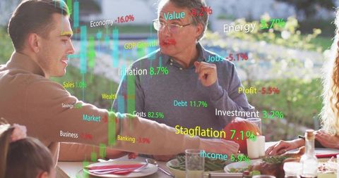 Multigenerational family shaking hands at backyard dining table with ar finance overlays