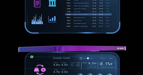 Floating purple smartphone hovering over holographic financial dashboards, futuristic ui