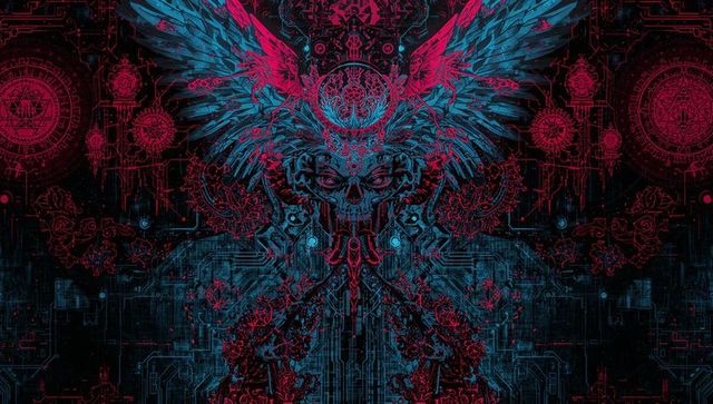 Neon Cyberpunk Skull with Circuit Wings and Futuristic Motifs