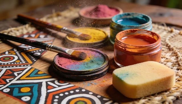 Colorful pigments and brushes resting on wooden tabletop with geometric painted pattern
