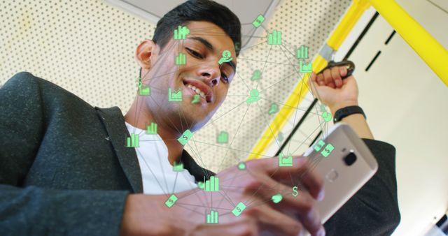 Image of connected icons over low angle view of biracial man using cellphone on train. Digital composite, multiple exposure, communication, globalization, abstract and technology concept.