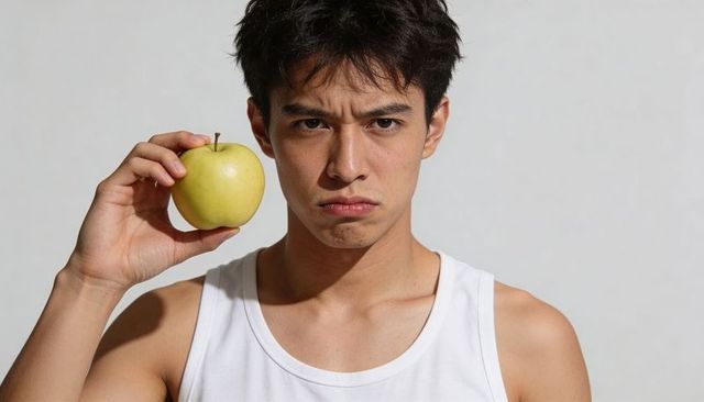 Young asian man holding green apple while frowning, wearing white tank top, studio portrait