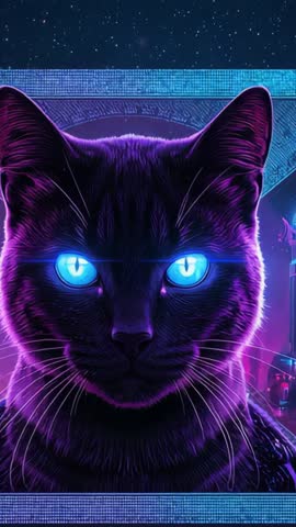 Cyberpunk black cat with glowing blue eyes in neon city vertical video loop, synthwave