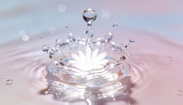 Crystal water crown splashing with glowing petal reflection, pastel bokeh macro capture