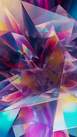 Rotating crystal cluster revealing layered translucent prisms with cyan glow, vertical abstract moti