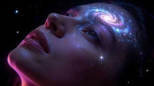 Contemplative woman with spiral galaxy overlay on forehead, cosmic portrait concept dreamlike