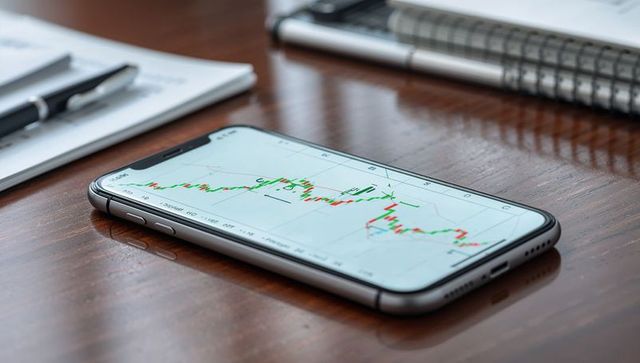 Smartphone displaying candlestick trading chart on wooden desk with notebook and pen