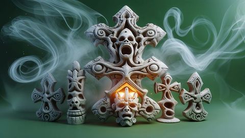 Haiti gothic cross with glowing skull and swirling smoke ambience