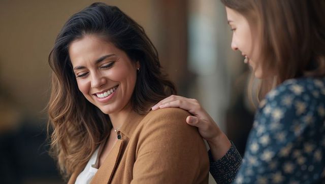 Receiving Comforting Shoulder Touch from Friend, Smiling Woman in Warm Cafe Moment