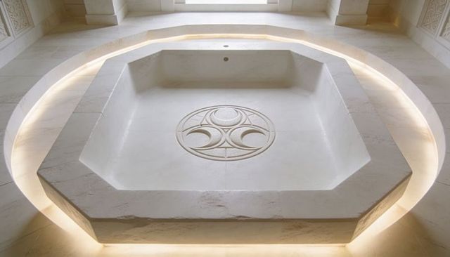 Glowing octagonal marble spa basin with carved emblem and halo lighting
