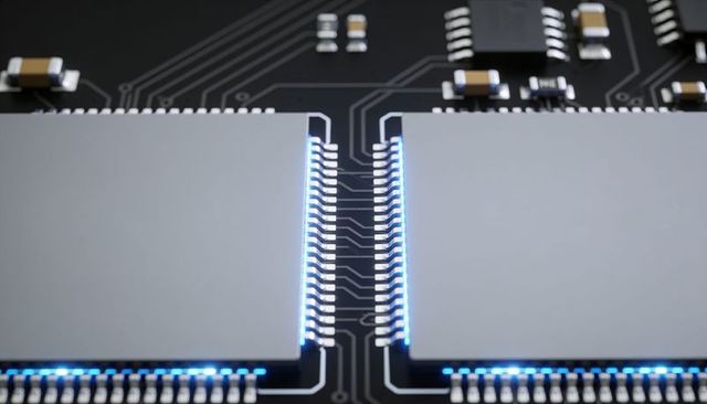 Dual gull-wing microchip modules on pcb with blue led trace illumination macro detail