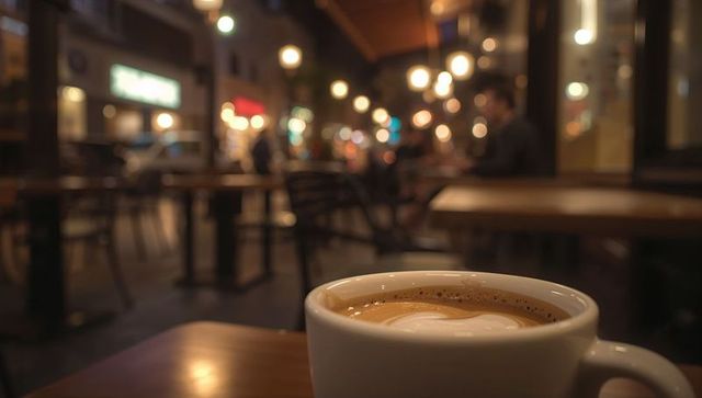 Inviting Café Terrace at Night with Coffee and Ambient Lighting