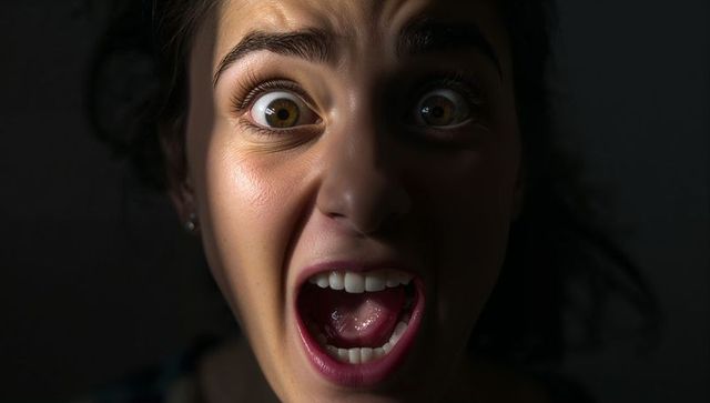 Gasping woman showing teeth and tongue in dramatic spotlight expressing shock