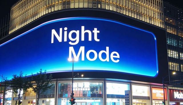 Night mode led billboard lighting downtown retail facade at night with neon glow