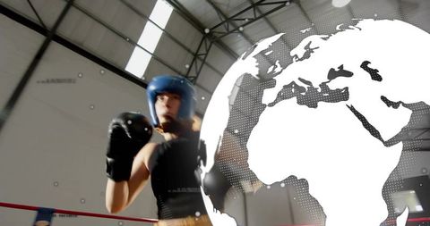 Young female boxer punching in ring with white globe overlay, sparring training action