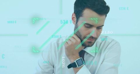 Businessman Analyzing Data on Smartwatch with Virtual Financial Graphics