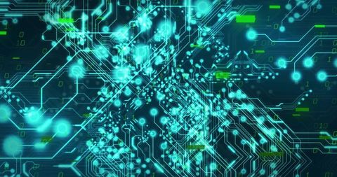 Glowing Cyan Circuit Network Pulsing Across Dark Digital Grid for Tech Concepts