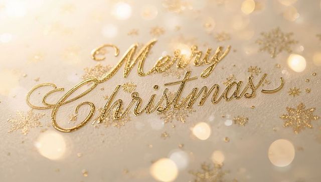 Luxurious gold-embossed merry christmas script on textured cardstock with glitter bokeh