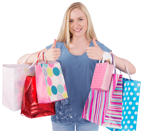 Happy Blonde Woman Holding Shopping Bags Transparent Background