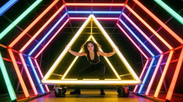 Crouching woman gripping glowing neon triangle in colorful led hex tunnel, futuristic