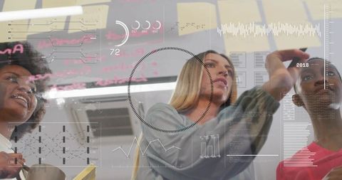Three women collaborating at glass board with data HUD overlays, brainstorming and planning