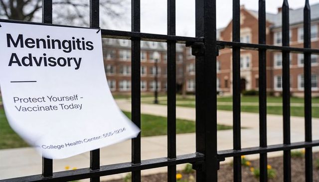 Meningitis advisory flyer fluttering on campus fence urging vaccination and awareness