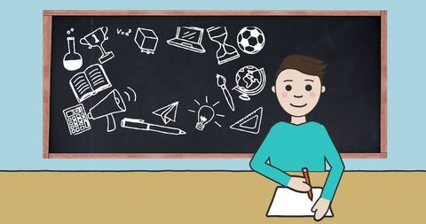 Schoolboy Writing in Classroom with Educational Icons on Blackboard - Download Free Stock Images Pikwizard.com