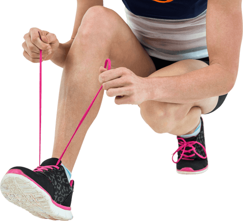 Athlete Tying Bright Pink Shoelace on Transparent Background