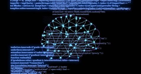 Pulsing Neon Neural Network Brain Visualization with Code Overlay and Circuit Mesh
