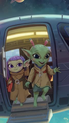 Opening Hatch: Two Young Aliens Stepping Down Ramp Exploring Cosmic Void on Star Cruiser